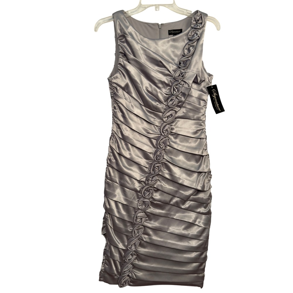 NWT Signature by Sangria Silver Sleeveless Ruched Rosette Sheath Dress - Size  6 - Picture 2 of 9